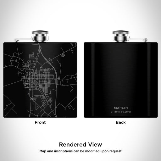 Rendered View of Marlin Texas Map Engraving on 6oz Stainless Steel Flask in Black