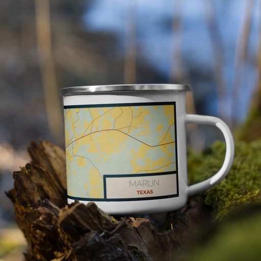 Right View Custom Marlin Texas Map Enamel Mug in Woodblock on Grass With Trees in Background