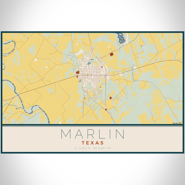 Marlin Texas Map Print Landscape Orientation in Woodblock Style With Shaded Background
