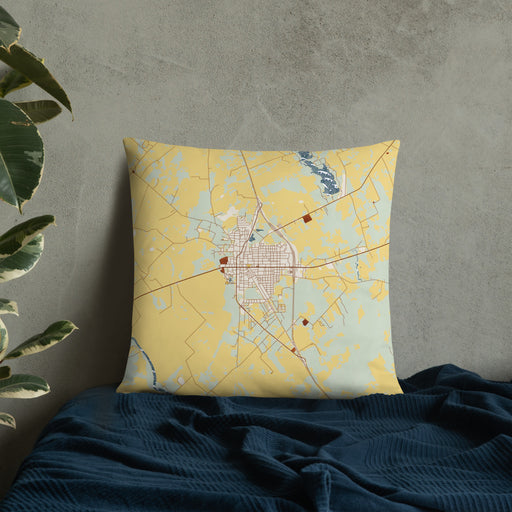 Custom Marlin Texas Map Throw Pillow in Woodblock on Bedding Against Wall