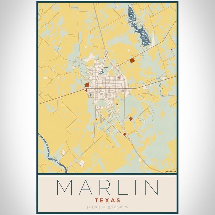 Marlin Texas Map Print Portrait Orientation in Woodblock Style With Shaded Background