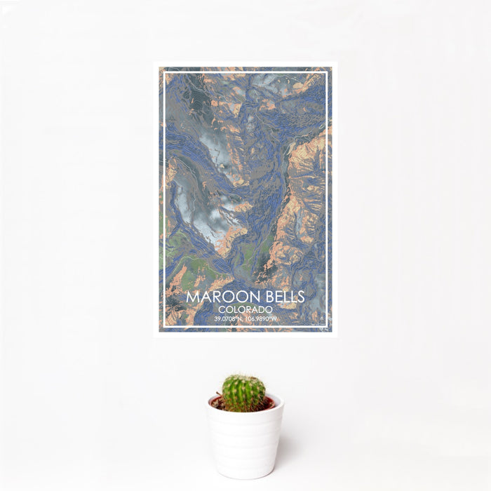 12x18 Maroon Bells Colorado Map Print Portrait Orientation in Afternoon Style With Small Cactus Plant in White Planter