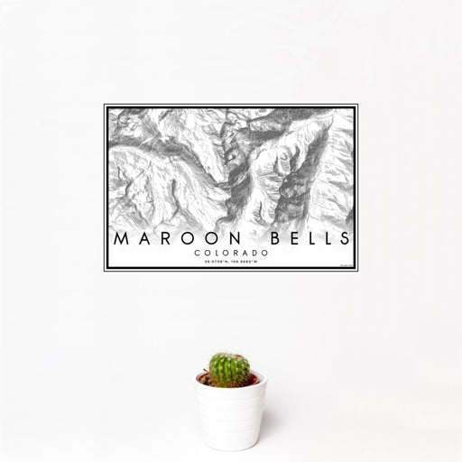 12x18 Maroon Bells Colorado Map Print Landscape Orientation in Classic Style With Small Cactus Plant in White Planter