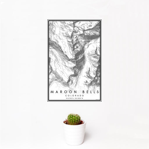 12x18 Maroon Bells Colorado Map Print Portrait Orientation in Classic Style With Small Cactus Plant in White Planter