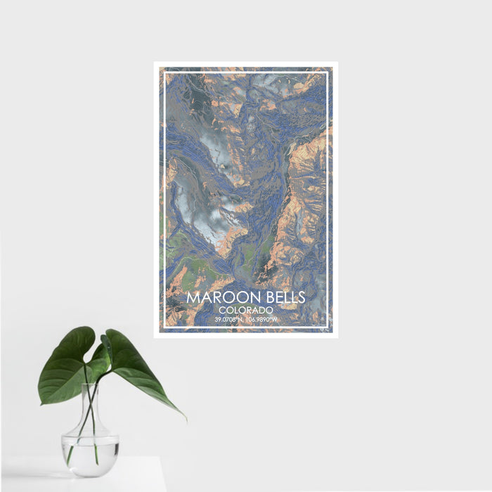 16x24 Maroon Bells Colorado Map Print Portrait Orientation in Afternoon Style With Tropical Plant Leaves in Water
