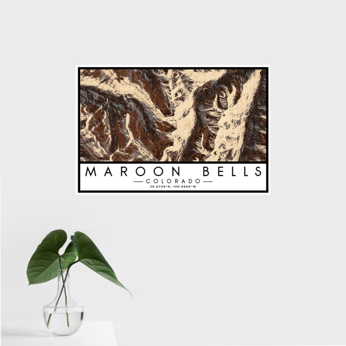 16x24 Maroon Bells Colorado Map Print Landscape Orientation in Ember Style With Tropical Plant Leaves in Water