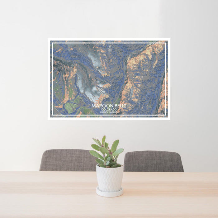 24x36 Maroon Bells Colorado Map Print Lanscape Orientation in Afternoon Style Behind 2 Chairs Table and Potted Plant