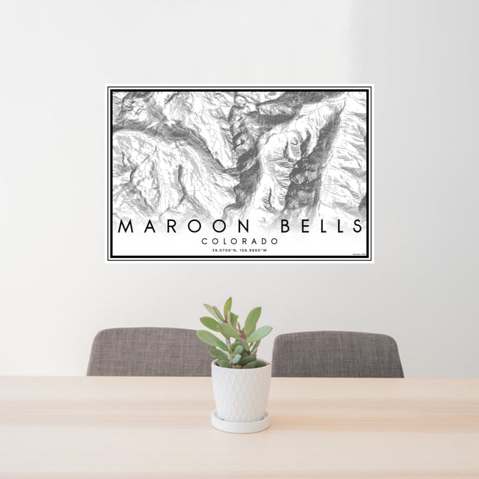 24x36 Maroon Bells Colorado Map Print Lanscape Orientation in Classic Style Behind 2 Chairs Table and Potted Plant