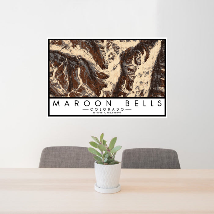 24x36 Maroon Bells Colorado Map Print Lanscape Orientation in Ember Style Behind 2 Chairs Table and Potted Plant