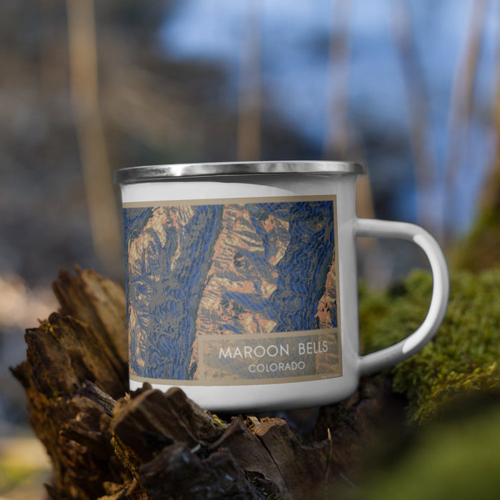 Right View Custom Maroon Bells Colorado Map Enamel Mug in Afternoon on Grass With Trees in Background