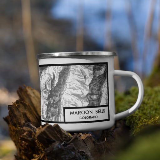 Right View Custom Maroon Bells Colorado Map Enamel Mug in Classic on Grass With Trees in Background