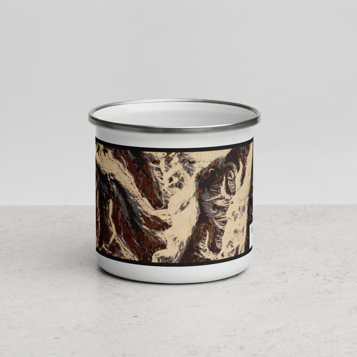 Front View Custom Maroon Bells Colorado Map Enamel Mug in Ember