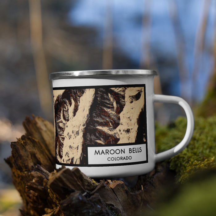 Right View Custom Maroon Bells Colorado Map Enamel Mug in Ember on Grass With Trees in Background