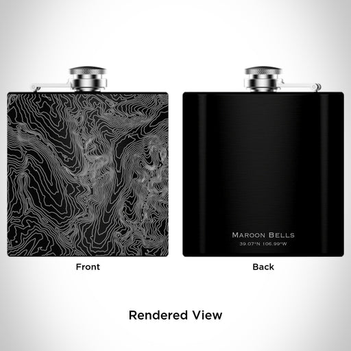 Rendered View of Maroon Bells Colorado Map Engraving on 6oz Stainless Steel Flask in Black