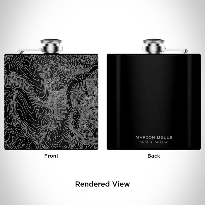 Rendered View of Maroon Bells Colorado Map Engraving on 6oz Stainless Steel Flask in Black