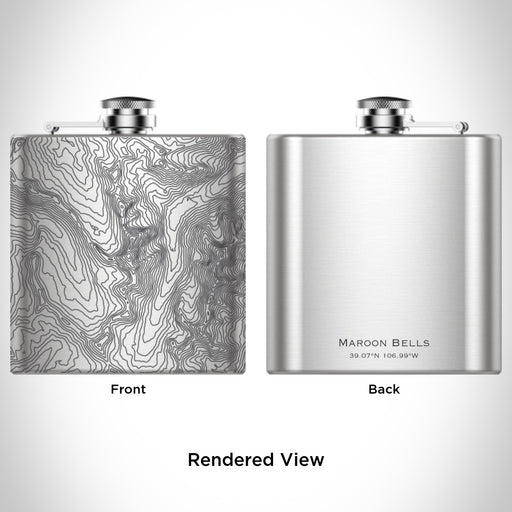 Rendered View of Maroon Bells Colorado Map Engraving on 6oz Stainless Steel Flask