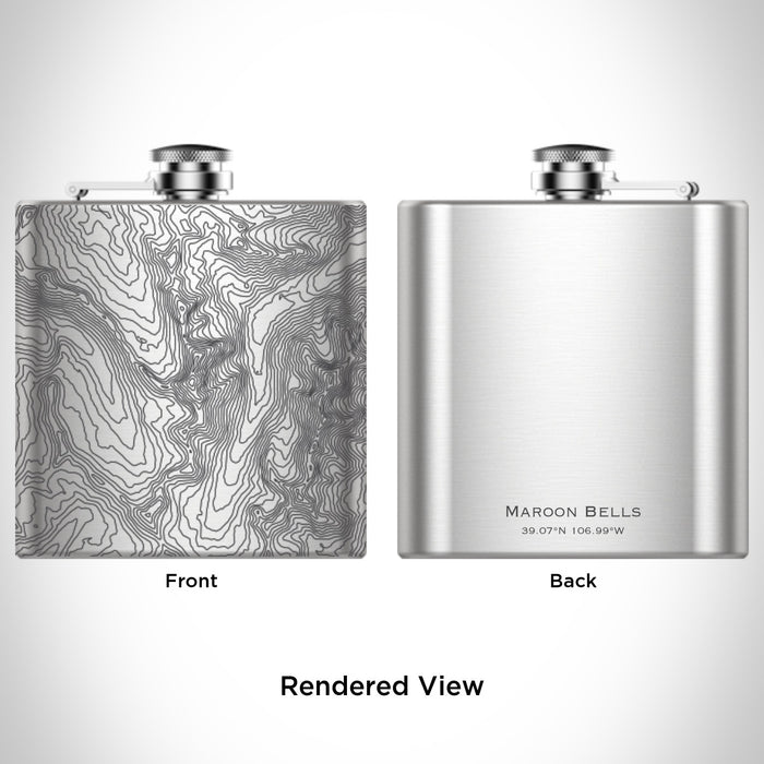 Rendered View of Maroon Bells Colorado Map Engraving on 6oz Stainless Steel Flask