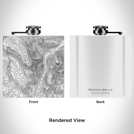 Rendered View of Maroon Bells Colorado Map Engraving on 6oz Stainless Steel Flask in White