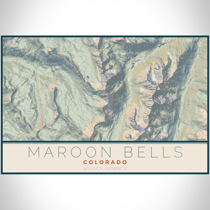 Maroon Bells Colorado Map Print Landscape Orientation in Woodblock Style With Shaded Background