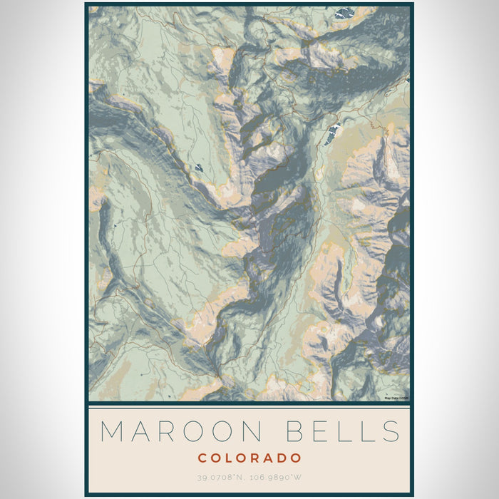 Maroon Bells Colorado Map Print Portrait Orientation in Woodblock Style With Shaded Background