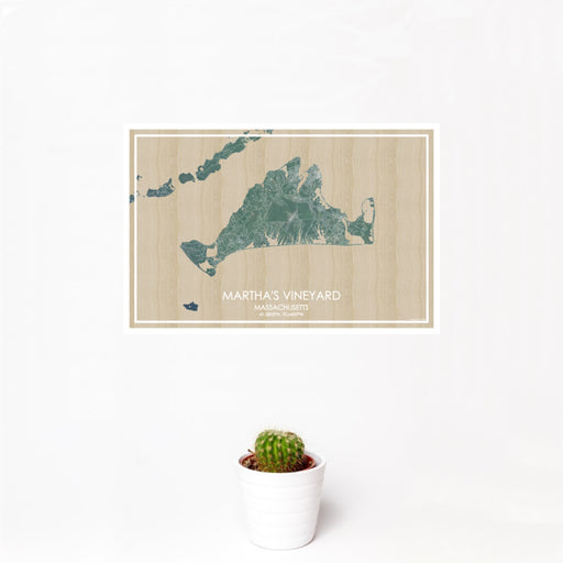 12x18 Martha's Vineyard Massachusetts Map Print Landscape Orientation in Afternoon Style With Small Cactus Plant in White Planter