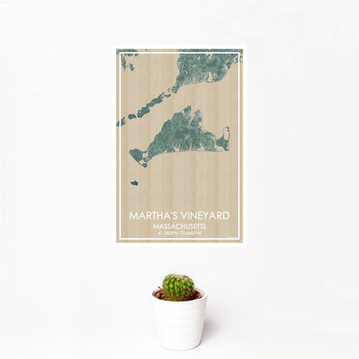 12x18 Martha's Vineyard Massachusetts Map Print Portrait Orientation in Afternoon Style With Small Cactus Plant in White Planter