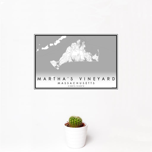 12x18 Martha's Vineyard Massachusetts Map Print Landscape Orientation in Classic Style With Small Cactus Plant in White Planter