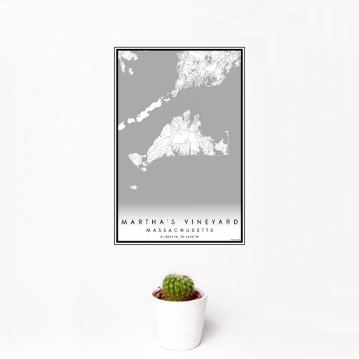 12x18 Martha's Vineyard Massachusetts Map Print Portrait Orientation in Classic Style With Small Cactus Plant in White Planter