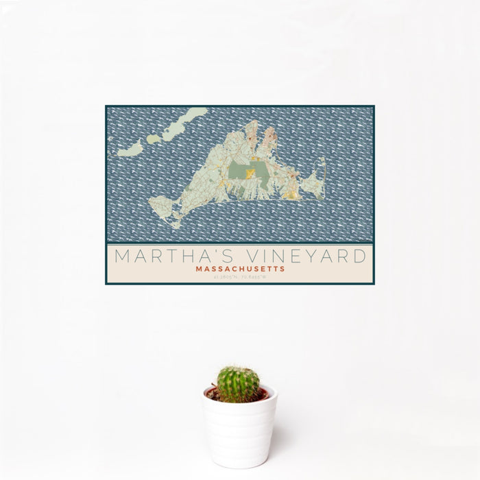 12x18 Martha's Vineyard Massachusetts Map Print Landscape Orientation in Woodblock Style With Small Cactus Plant in White Planter