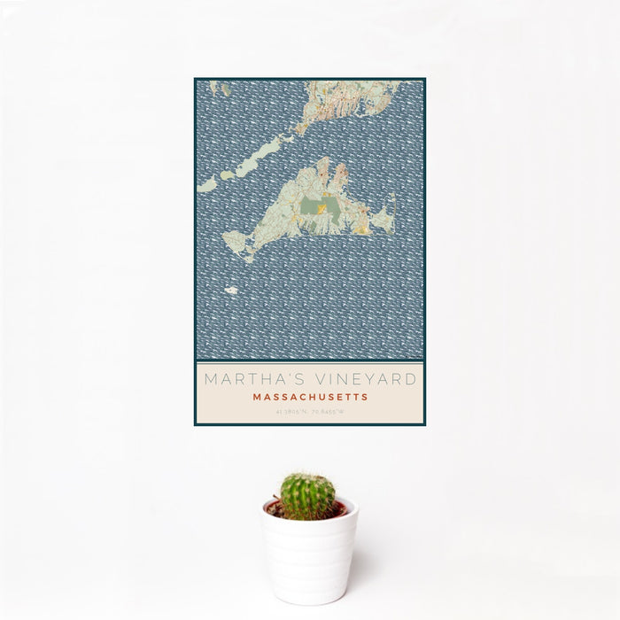 12x18 Martha's Vineyard Massachusetts Map Print Portrait Orientation in Woodblock Style With Small Cactus Plant in White Planter