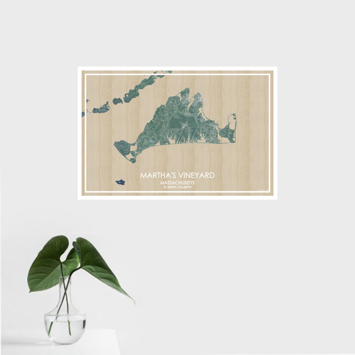 16x24 Martha's Vineyard Massachusetts Map Print Landscape Orientation in Afternoon Style With Tropical Plant Leaves in Water