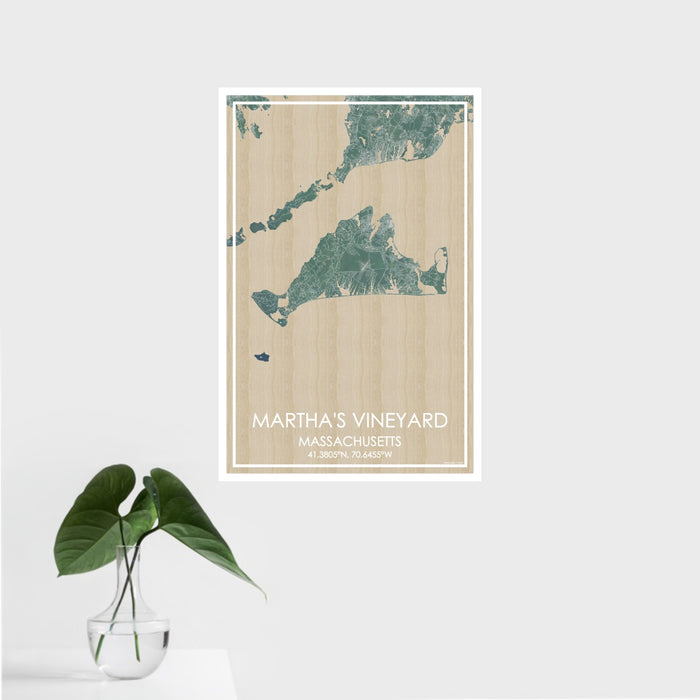 16x24 Martha's Vineyard Massachusetts Map Print Portrait Orientation in Afternoon Style With Tropical Plant Leaves in Water