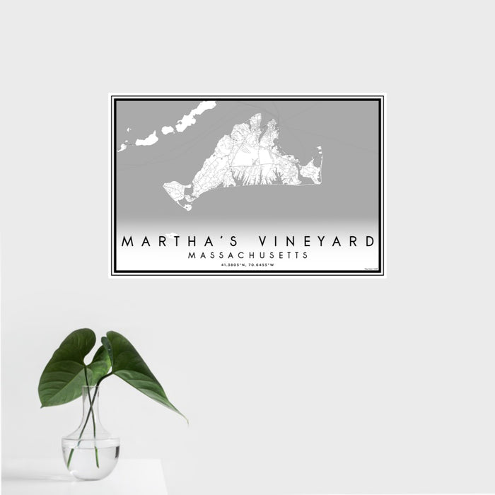 16x24 Martha's Vineyard Massachusetts Map Print Landscape Orientation in Classic Style With Tropical Plant Leaves in Water