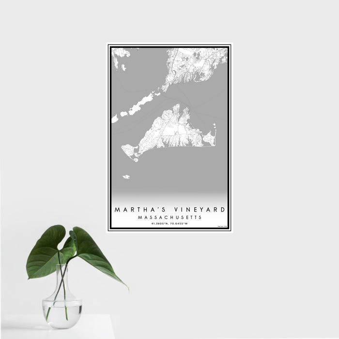 16x24 Martha's Vineyard Massachusetts Map Print Portrait Orientation in Classic Style With Tropical Plant Leaves in Water