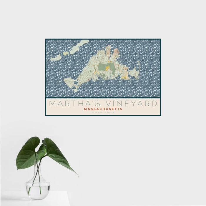 16x24 Martha's Vineyard Massachusetts Map Print Landscape Orientation in Woodblock Style With Tropical Plant Leaves in Water