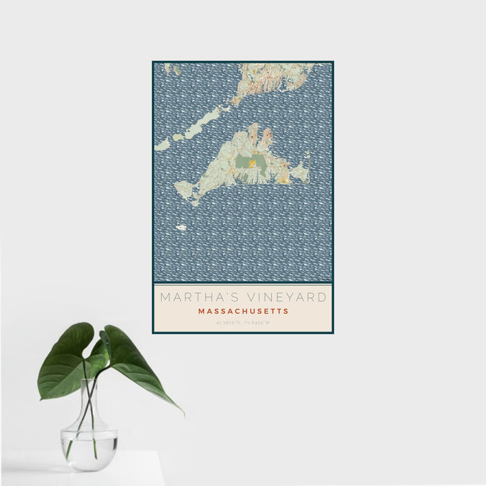 16x24 Martha's Vineyard Massachusetts Map Print Portrait Orientation in Woodblock Style With Tropical Plant Leaves in Water