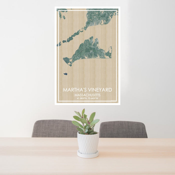 24x36 Martha's Vineyard Massachusetts Map Print Portrait Orientation in Afternoon Style Behind 2 Chairs Table and Potted Plant