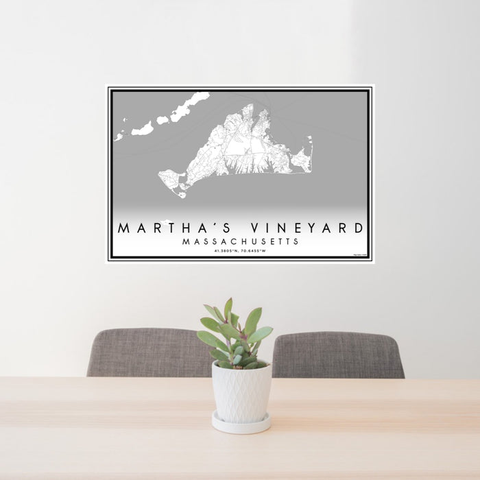 24x36 Martha's Vineyard Massachusetts Map Print Lanscape Orientation in Classic Style Behind 2 Chairs Table and Potted Plant
