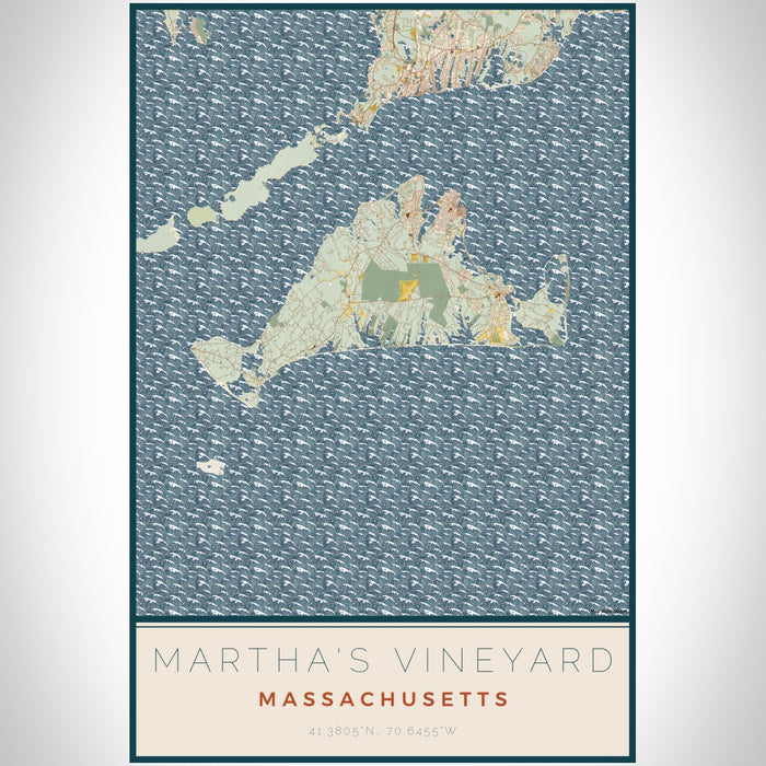 Martha's Vineyard Massachusetts Map Print Portrait Orientation in Woodblock Style With Shaded Background