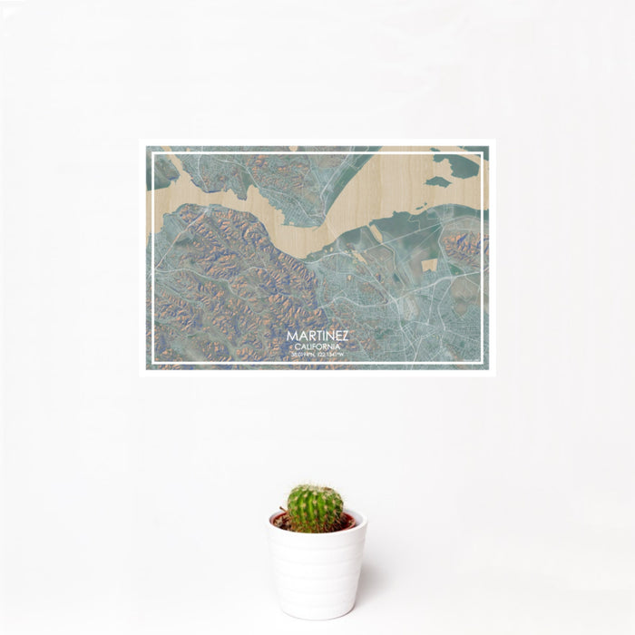 12x18 Martinez California Map Print Landscape Orientation in Afternoon Style With Small Cactus Plant in White Planter