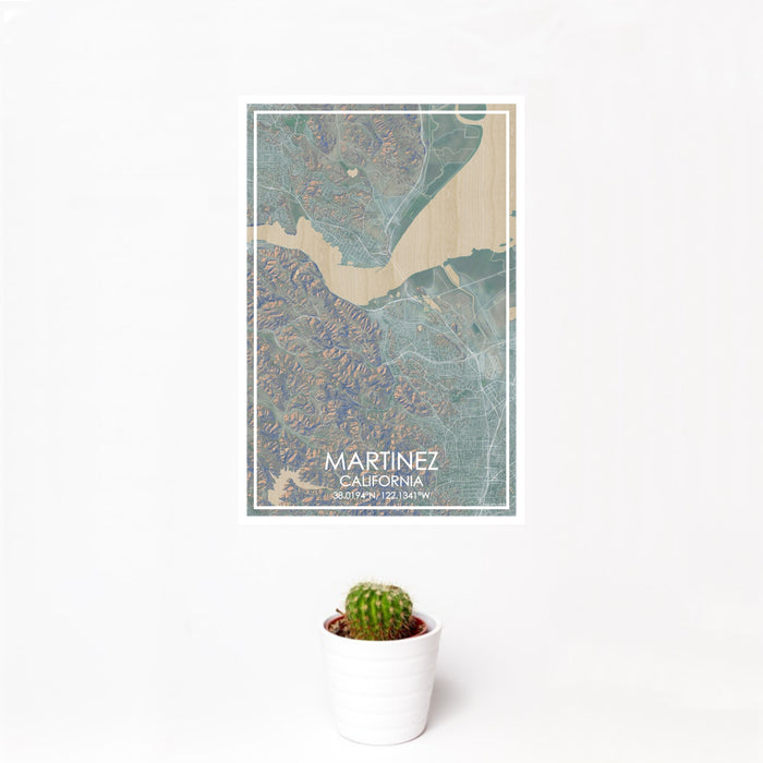 12x18 Martinez California Map Print Portrait Orientation in Afternoon Style With Small Cactus Plant in White Planter