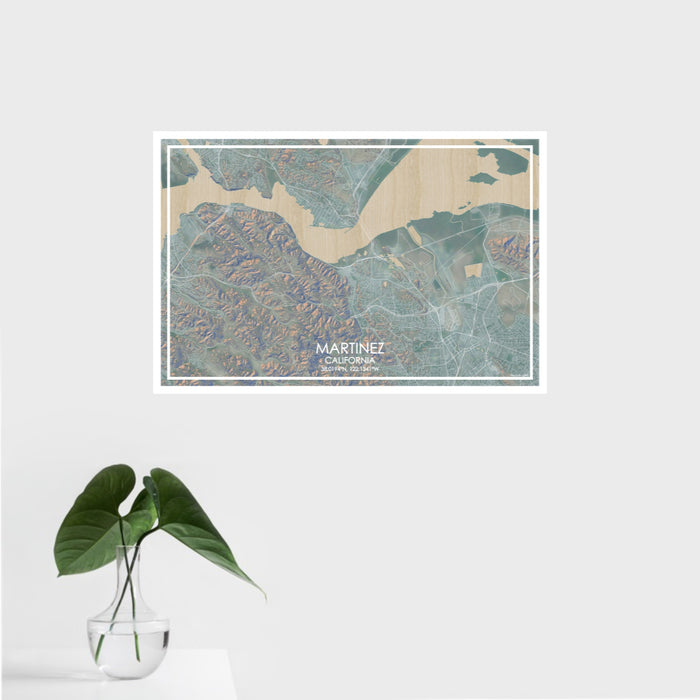 16x24 Martinez California Map Print Landscape Orientation in Afternoon Style With Tropical Plant Leaves in Water