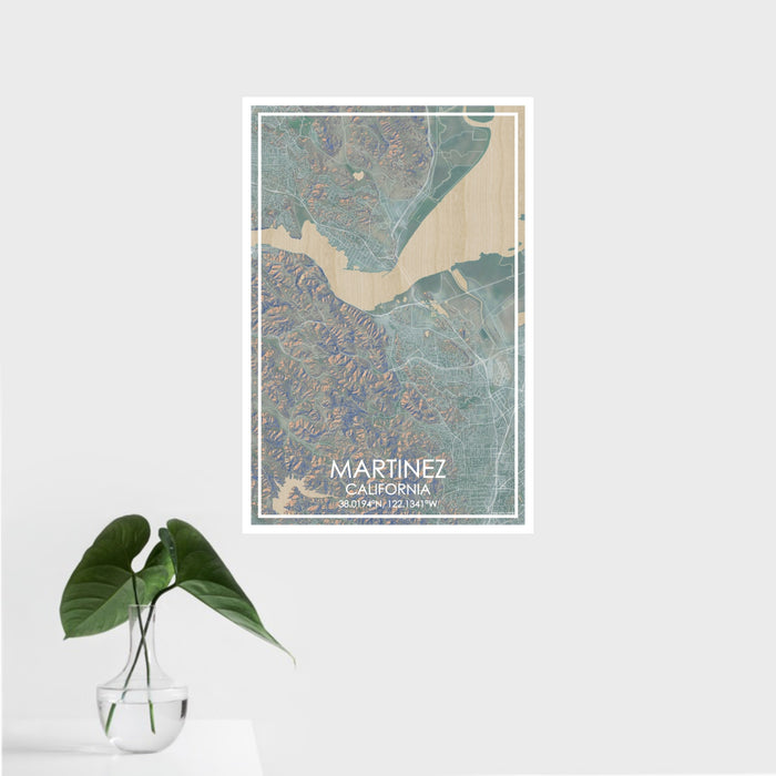 16x24 Martinez California Map Print Portrait Orientation in Afternoon Style With Tropical Plant Leaves in Water