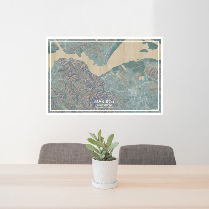 24x36 Martinez California Map Print Lanscape Orientation in Afternoon Style Behind 2 Chairs Table and Potted Plant