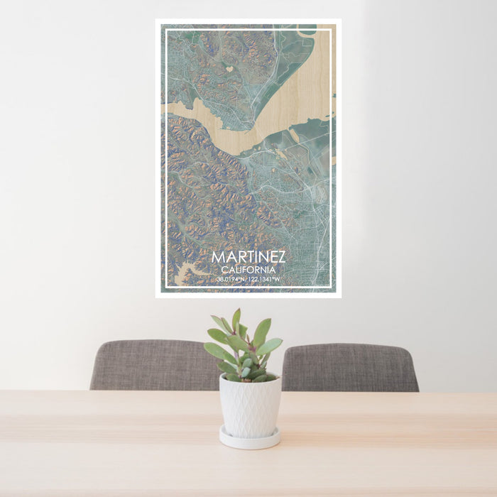 24x36 Martinez California Map Print Portrait Orientation in Afternoon Style Behind 2 Chairs Table and Potted Plant
