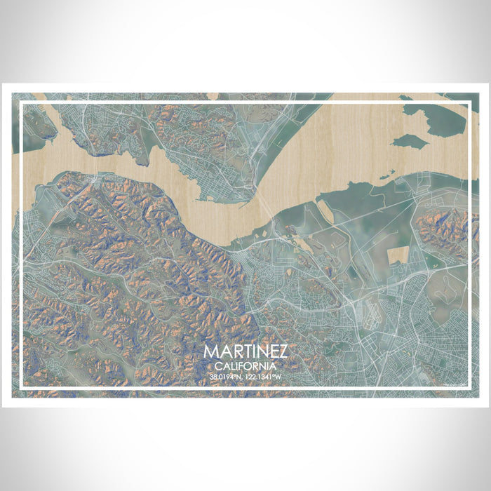 Martinez California Map Print Landscape Orientation in Afternoon Style With Shaded Background