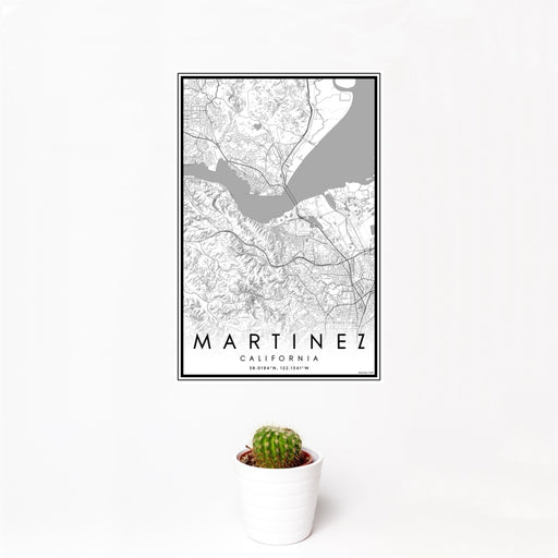 12x18 Martinez California Map Print Portrait Orientation in Classic Style With Small Cactus Plant in White Planter