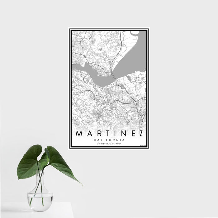 16x24 Martinez California Map Print Portrait Orientation in Classic Style With Tropical Plant Leaves in Water