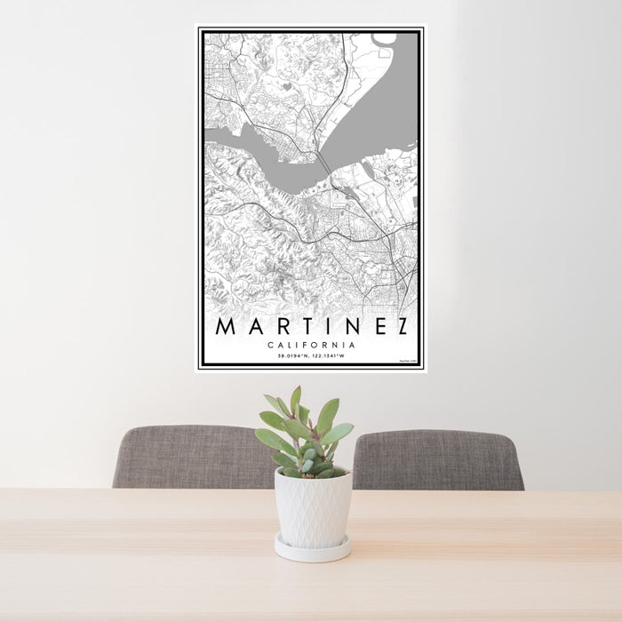 24x36 Martinez California Map Print Portrait Orientation in Classic Style Behind 2 Chairs Table and Potted Plant