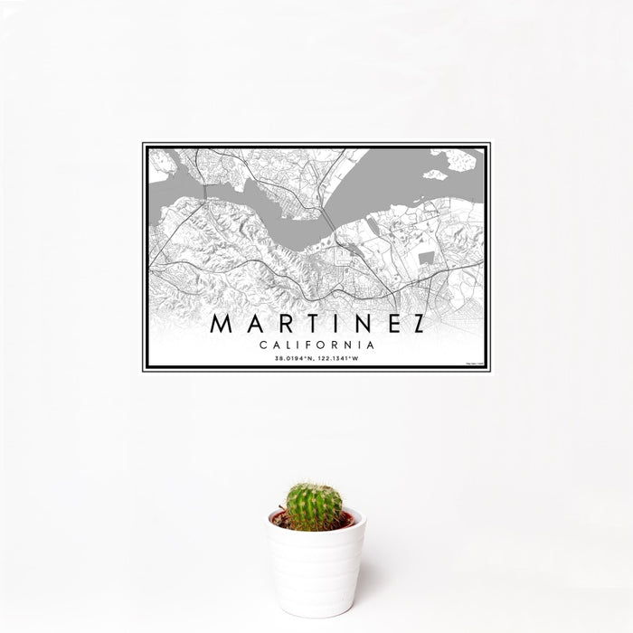 12x18 Martinez California Map Print Landscape Orientation in Classic Style With Small Cactus Plant in White Planter